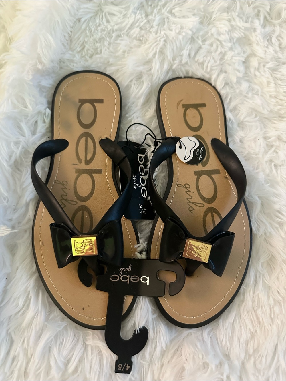 bebe Black Bow Girls Flip Flop Sandals with Gold Accent